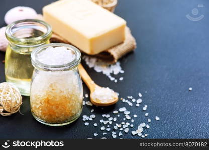 spa objects on a table,sea salt and soap