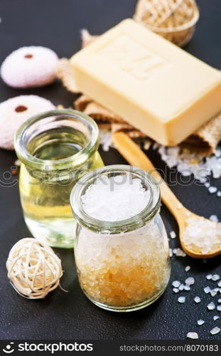 spa objects on a table,sea salt and soap