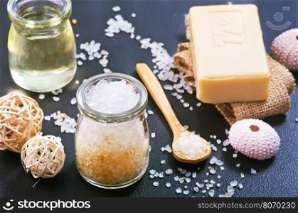 spa objects on a table,sea salt and soap