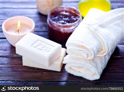 spa objects, soap and aroma salt on a table