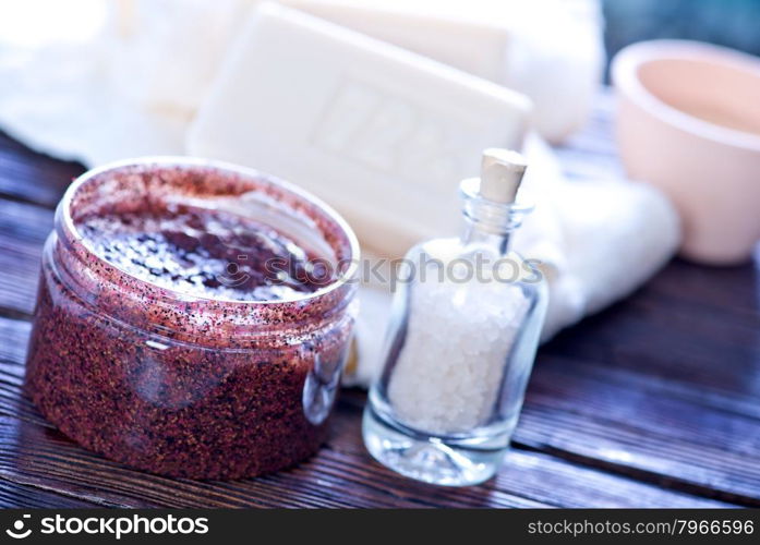 spa objects, soap and aroma salt on a table