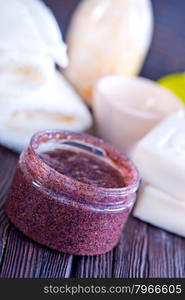 spa objects, soap and aroma salt on a table