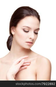 Spa Portrait of Beautiful Young Woman with Long Brown Hair on the White Background