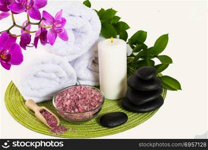 Spa product concept with pink sea salt. Spa. Spa treatment. Spa concept. Spa massage. Spa product concept with pink sea salt