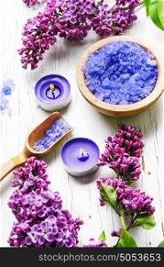 Spa salt with aroma of lilac. marine bath salt with the aroma of fresh blooming lilacs