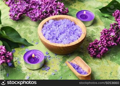 spa salt with lilac flowers. marine bath salt with the aroma of fresh blooming lilacs