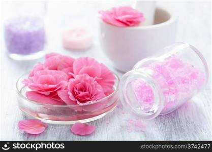 spa set with begonia flowers mortar and salt