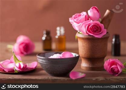 spa set with rose flowers mortar and salt