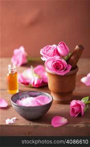 spa set with rose flowers mortar and salt