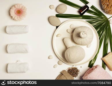 Spa setting on white background. Flat lay