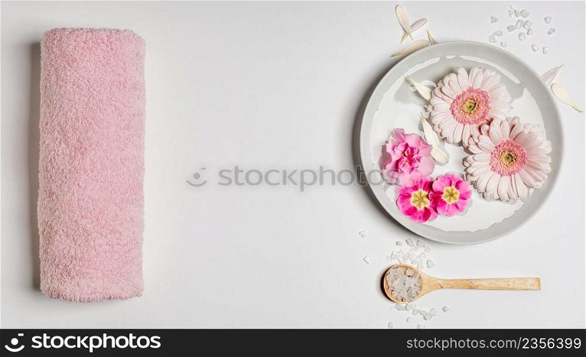 SPA setting on white background, flat lay, copy space. SPA setting on white background, flat lay