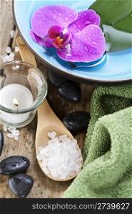 Spa Settings (zen stones, candle, towel, sea salt and orchid)