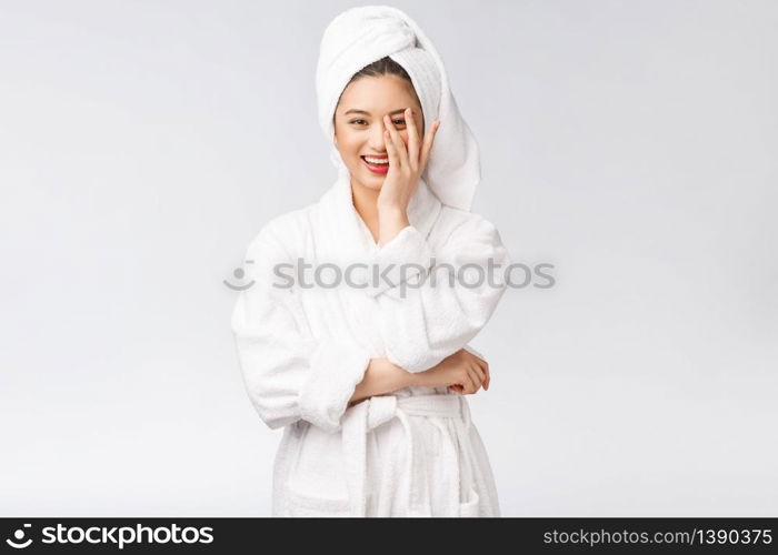 Spa skincare beauty Asian woman drying hair with towel on head after shower treatment. Beautiful multiracial young girl touching soft skin.. Spa skincare beauty Asian woman drying hair with towel on head after shower treatment. Beautiful multiracial young girl touching soft skin