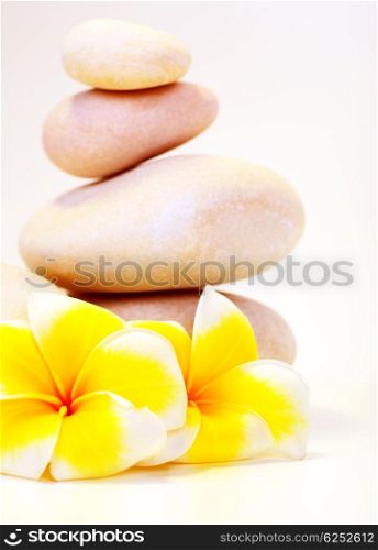 Spa stones &amp; flowers isolated on white background, concept of vacation, relaxation, meditation &amp; healthy balanced lifestyle
