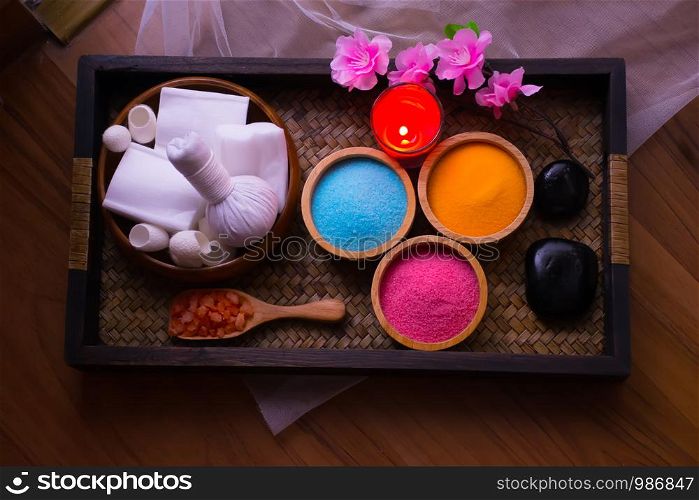 Spa treatments .Salt spa,salt in bowl for spa treatment.Thai spa massage