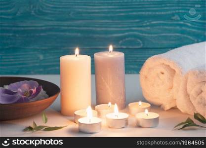 spa wellness setting with sea salt illuminated candles. High resolution photo. spa wellness setting with sea salt illuminated candles. High quality photo