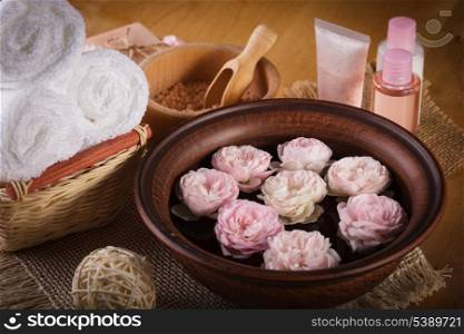 Spa with roses, manicure, relaxing bath and cosmetics