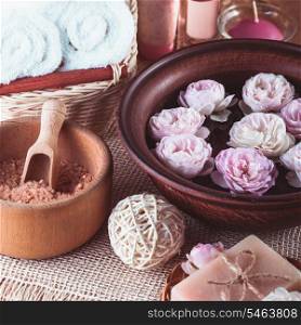 Spa with roses, manicure, relaxing bath and cosmetics