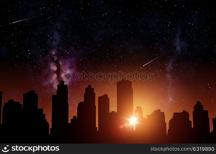 space and future concept - futuristic city skyscrapers over sunrise in night sky background. futuristic city skyscrapers over sunrise in space