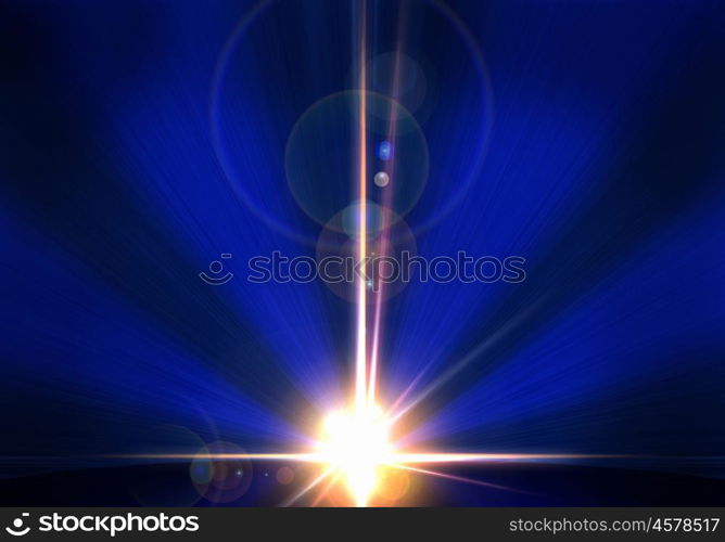 Space background. Lights and beams of sun rising above planet