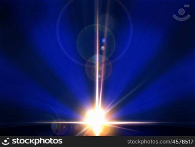 Space background. Lights and beams of sun rising above planet