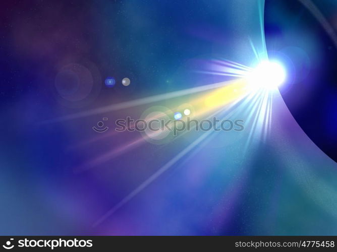 Space background. Lights and beams of sun rising above planet