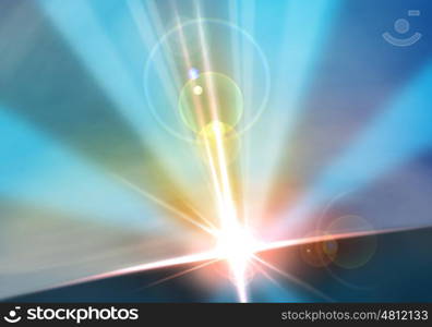 Space background. Lights and beams of sun rising above planet