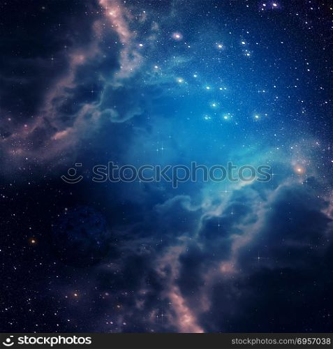 Space background of blue color. Blue space background with clouds and stars.