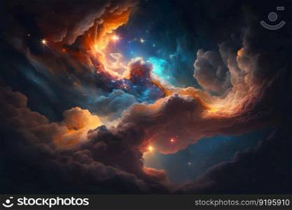 Space background with galaxy and nebula in blue and orange clouds. Neural network AI generated art. Space background with galaxy and nebula in blue and orange clouds. Neural network AI generated