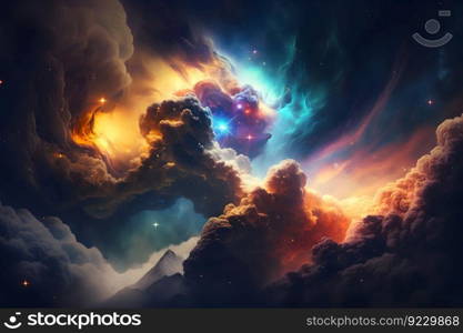 Space background with galaxy and nebula in blue and orange clouds. Neural network AI generated art. Space background with galaxy and nebula in blue and orange clouds. Neural network AI generated