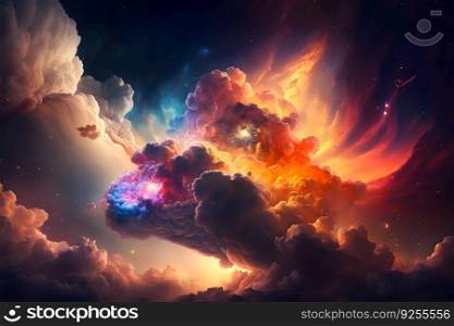 Space background with galaxy and nebula in blue and orange clouds. Neural network AI generated art. Space background with galaxy and nebula in blue and orange clouds. Neural network AI generated