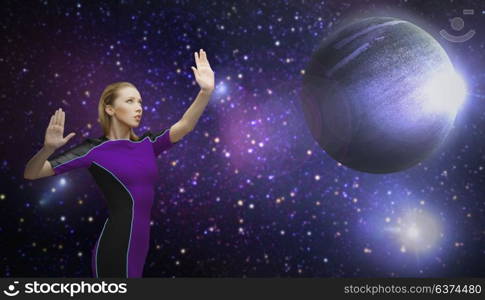 space, future and people concept - beautiful futuristic woman over planet and stars background. futuristic woman over planet and stars in space