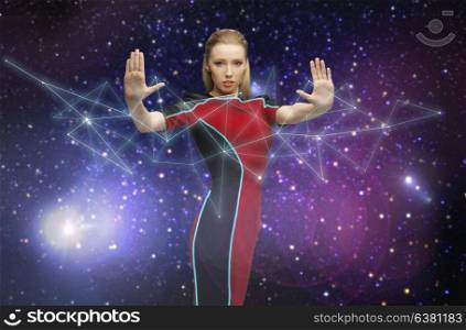 space, future and people concept - beautiful futuristic woman over planet and stars background. futuristic woman over planet and stars in space