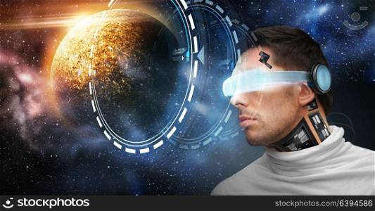 space, future technology and virtual reality concept - male robot in 3d glasses and microchip implant or sensors over planet and stars background. male robot in 3d glasses and sensors over space