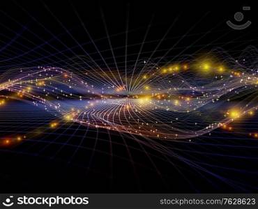 Space Geometry. Virtual Wave series. Background design of horizontal sine waves and light particles relevant for data transfer, virtual, artificial, mathematical reality.