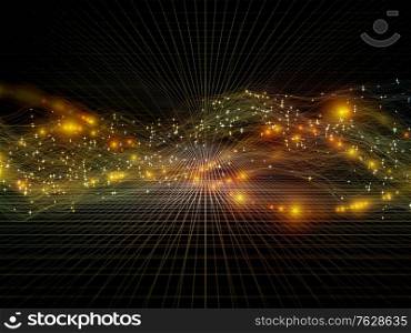 Space Geometry. Virtual Wave series. Background design of horizontal sine waves and light particles relevant for data transfer, virtual, artificial, mathematical reality.