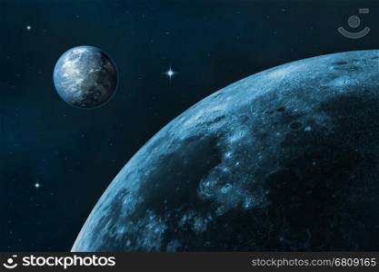 Space landscape (earth and moon). Blue starry sky. In the creation of 3D-image textures used by NASA.