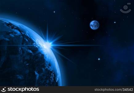 Space landscape (earth, sun, moon). Sunrise. 3D image.