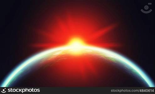 Space landscape with earth and the bright sun. 3D illustration