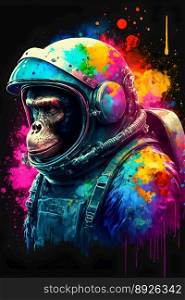 Space monkey cyberpunk illustration isolated on black background. Chimpanzee astronaut face in spacesuit, colorful splashing environment. Futuristic cosmos explorer, future galaxy sciense. Space monkey cyberpunk illustration on black