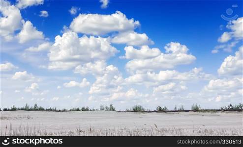 Space of white sand with reed under beautiful clouds in the blue sky on a clear day.. Landscape With Cumulus White Clouds
