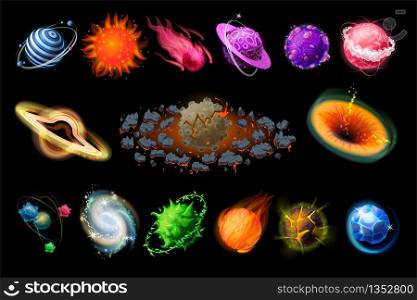 Space planets. Cartoon Universe elements, fire stones, ice comets, iron and gas planets, detailed fantasy colorful geoids. Vector isolated set funny alien fantastic elements space. Space planets. Cartoon Universe elements, fire stones, ice comets, iron and gas planets, detailed fantasy colorful geoids. Vector isolated set
