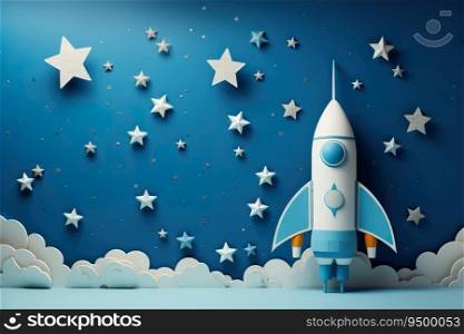 Space rocket and stars on blue background. It’s a boy or Men’s Day card. Baby shower or birthday invitation, party. Baby boy birth announcement. Generative AI. Space rocket and stars on blue background. It’s a boy or Men’s Day card. Baby shower or birthday invitation, party. Baby boy birth announcement. Generative AI.