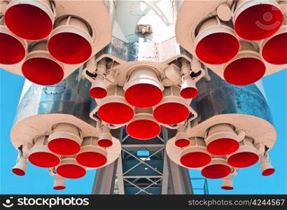Space rocket engine on blue sky background, Moscow, Russia