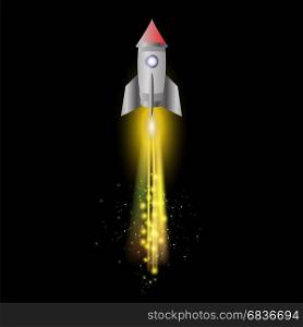 Space Rocket on Night Sky Background. Launching Spacecraft.. Space Rocket on Night Sky Background
