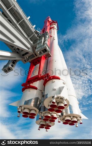 space rocket on the launch pad on a background of blue sky