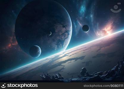 Space scene with planets, stars and galaxies. Neural network AI generated art. Space scene with planets, stars and galaxies. Neural network AI generated