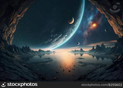 Space scene with planets, stars and galaxies. Neural network AI generated art. Space scene with planets, stars and galaxies. Neural network AI generated