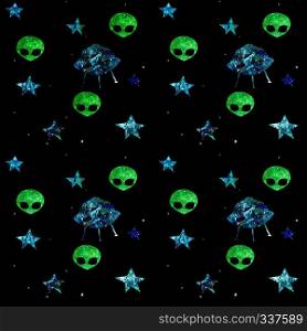 Space seamless pattern with stars, flying saucer, aliens. Stars against the night sky.. Space seamless pattern with stars, flying saucer, aliens. UFO