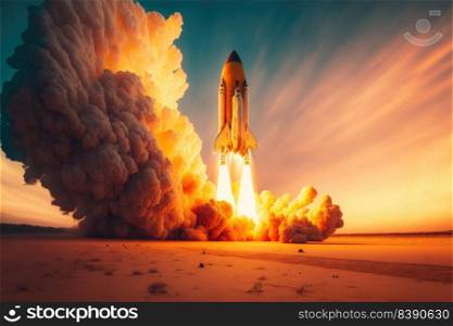 Space shuttle rockets launching into space on the sky. Spacecraft flieing into space with a lot of smoke. Generative AI